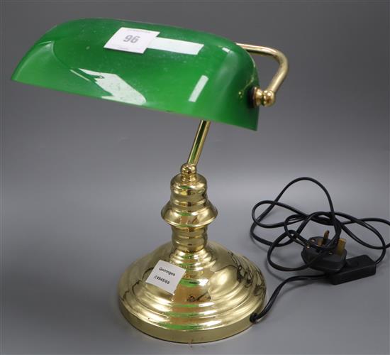 A green glass and brass desk lamp height 36cm